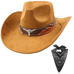 1545 Cowboy Hat For Women Men With Wide Brim Western Set With Black Bandana